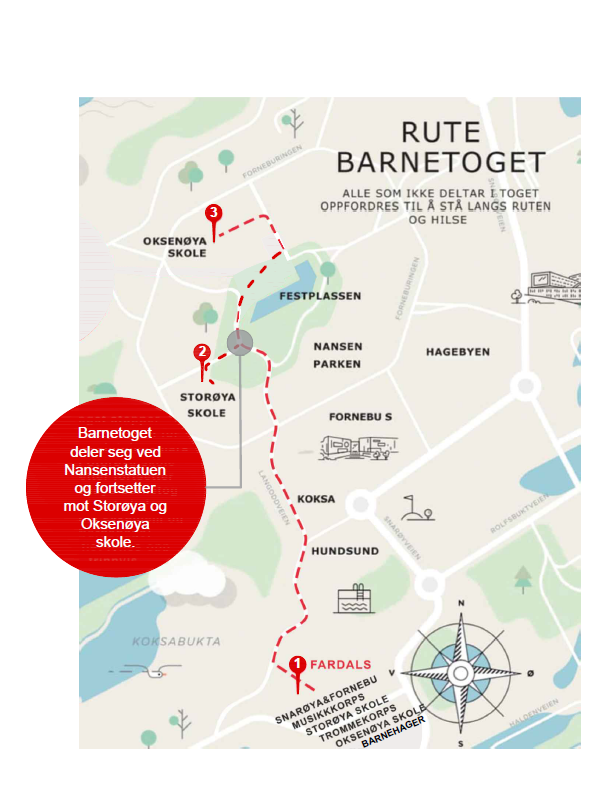 Kart som viser ruten til barnetoget ved Oksenøya skole