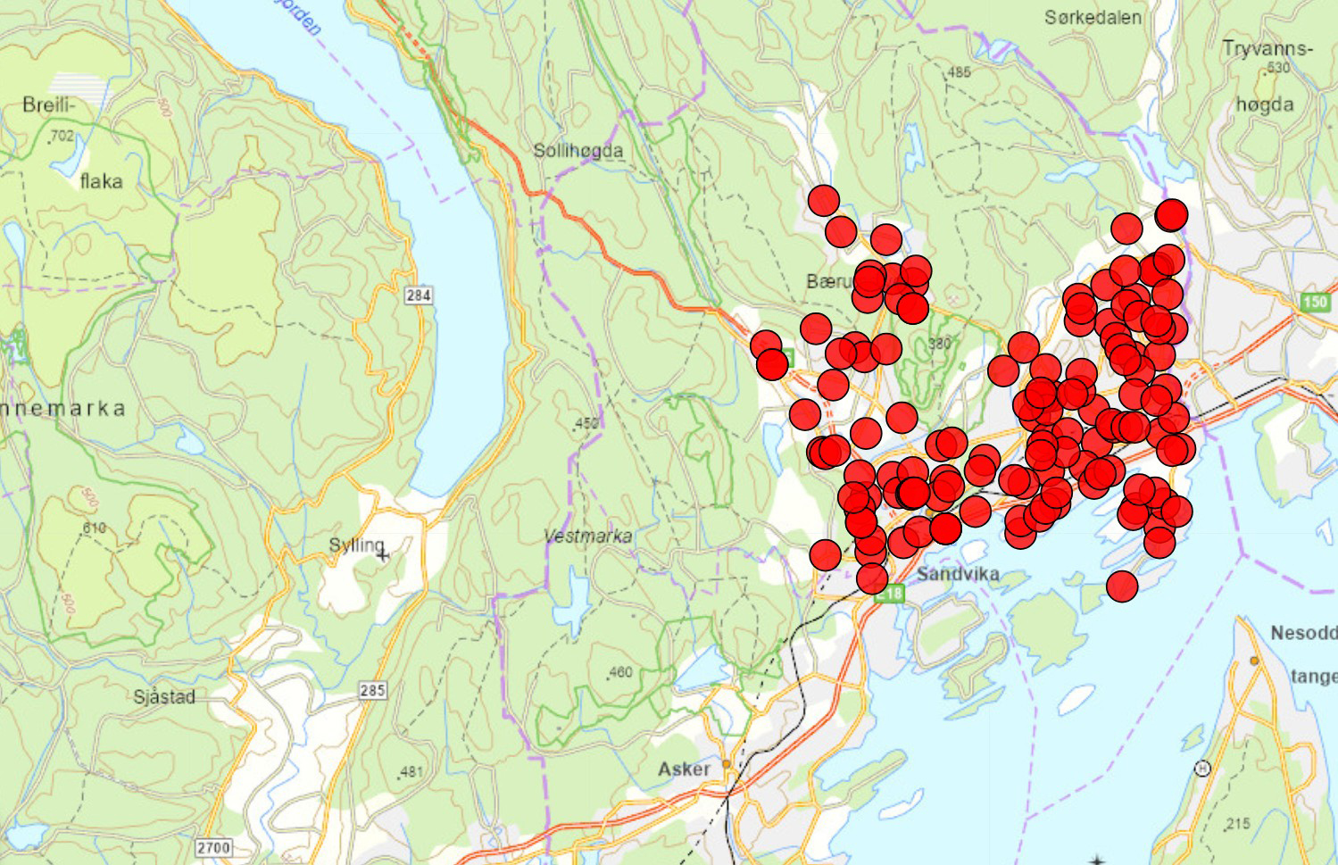 Kart over barnehagene i Bærum