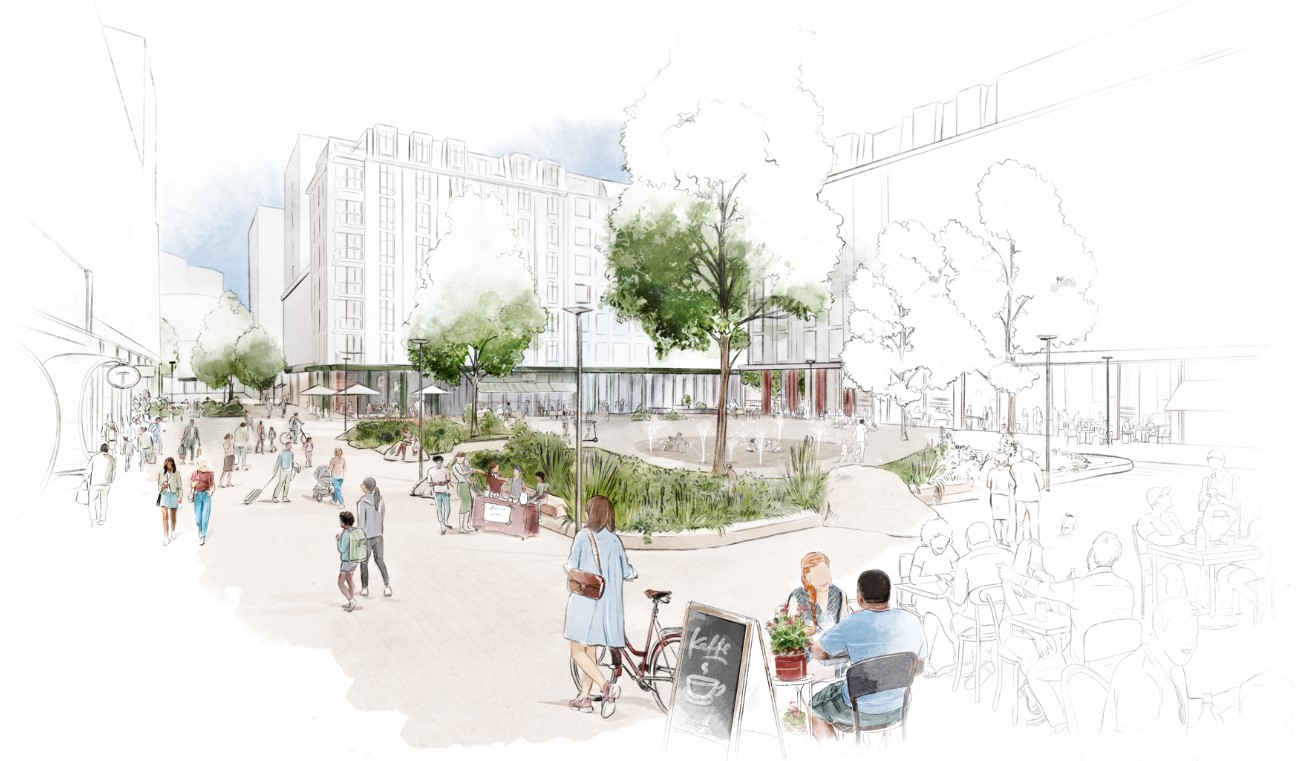 Illustrasjon som viser hvordan et torg på Fornebu sør kan se ut