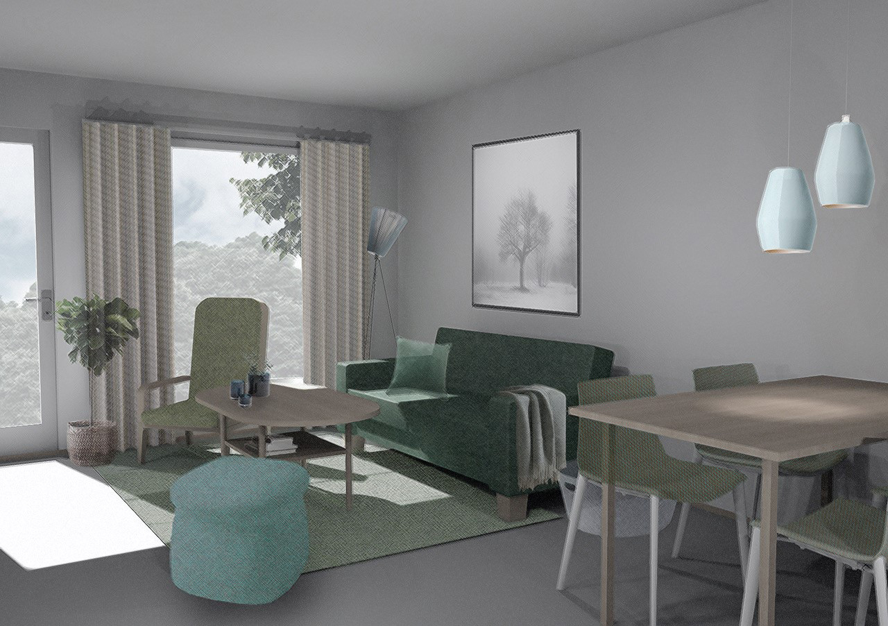 Atrium - skisse innredning i leilighet