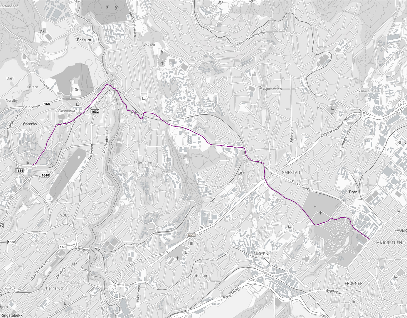 Sykkelkart: Fra Østerås T til Majorstua over Røa (29 minutter)